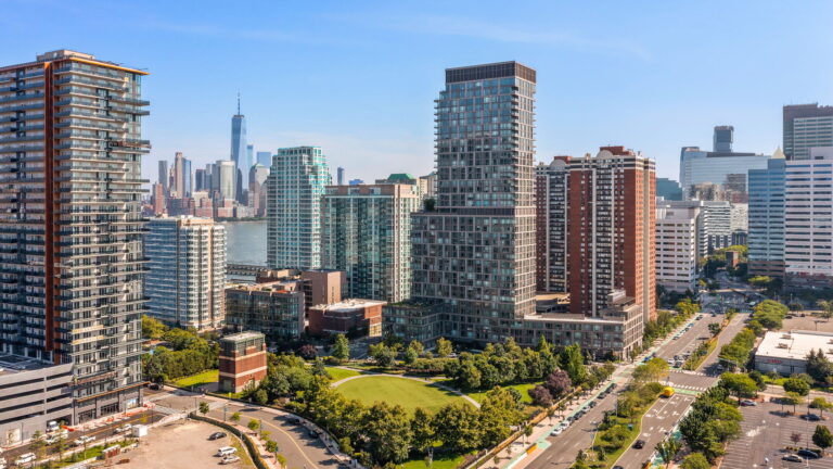 Aerial view of 75 Park Lane South in Newport, Jersey City