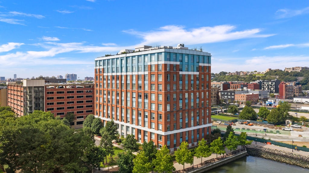 Aerial photograph of Harborside Lofts at 1500 Garden Street in uptown Hoboken